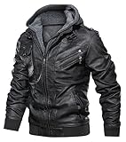 Uusollecy Lederjacke Herren Kunstlederjacke Mit Abnehmbare Kapuze, Dunkelgrau XL