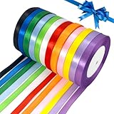 Guscase 12 Farben Satinband 10mm Breite, 22 Meters Geschenkband Dekoband, Schleifenband für Geschenkverpackung, Satinband Weiss Grün Bunt zum Dekorieren, Basteln & Blumenstrauß, Anlass