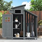 Gegtuon Gerätehaus mit Satteldach, Geräteschuppen Gartenhaus Gartenschrank aus Holz mit Fenster Türen & Stauraum Ablagen, Wetterfest Outdoor Schuppen für Garten Terrasse, 124x53cm (LxB), Grau