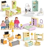 Atoylink Bunt Puppenhaus Möbel Set aus Holz, Puppen Zubehör Spielzeug mit Puppenhaus Puppen, Rollenspiel Geschenk für Jungen Mädchen Kleinkinder ab 3 Jahren
