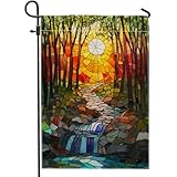 Buntglas-Gartenflagge mit Sonnenaufgang, helle Herbstbäume, Bachlauf, Outdoor-Dekoration, doppelseitige dekorative Hofflagge für Zuhause, Rasen, saisonale Dekoration, 30,5 x 45,7 cm
