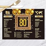 Tischsets zum 80. Geburtstag, Partyzubehör zum 80. Geburtstag, 12 Stück, 80 Jahre alt zurück in 1942 Geburtstag, Dekoration für Damen und Herren, Schwarz und Gold, Jubiläums-Partyzubehör