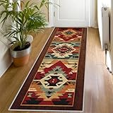 Southwestern Teppich Läufer Flur 70x200, Waschbar rutschfest Rot Rustikaler Geometrisch Muster Teppichläufer, Weich Kurzflor Lang Flurläufer für Wohnzimmer Schlafzimmer Bettvorleger Küchen Tp667