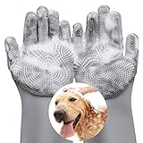 VavoPaw Haustier Fellpflege Handschuhe, Silikon Bürsten Handschuhe Hitzebeständige Ungiftige Handschuhbürste in Lebensmittelqualität Enthaarungsmassage für Haustiere Waschen - Grau