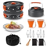Sanheshun Camping Kochgeschirr Set 18PCS Outdoor Geschirr Set Kochtopf Set Grillgeschirr Picknick Topf mit Kaffeekanne Teekanne für Backpacking Wandern Picknick Angeln