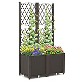 COSTWAY Blumenkasten mit Rankgitter, Pflanzkasten für Kletterpflanzen, Hochbeet mit Spalier, Blumenkübel für Garten Hof Balkon, Gartenspalier Rankkasten mit Selbstbewässerung (Braun, 80 x 40 x 140 cm)