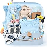 Baby Geschenk Jungen Mädchen Neugeborenen Geschenke zur Geburt mit Schmusetuch/Baby Strampler/Socken/Musselin Decke/Rassel Windeltorte Geschenkbox Baby Shower Party Gender Reveal Geschenk (Blau)