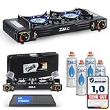 Z.M.C Premium Camping Gaskocher 2-flammig + Grillplatte + 4 Gaskartuschen 227g, Campingkocher mit Transportkoffer für Outdoor und Innenraum, Balkon Tisch Doppelgaskocher mit Piezozündung