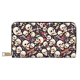 Novastar Dünne schlanke Geldbörse aus Leder für Damen und Herren – Gitarrenschädel Schallplatten-Geldbörse für Damen und Herren mit Reißverschluss