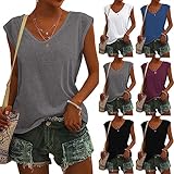 Oversize T Shirt Damen Basic Sommer Ärmelloses Sport Gym Shirts Elegant Locker Kurzarm V Ausschnitt Baumwolle Tshirt