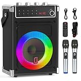 JYX Karaoke Maschine mit 2 UHF-Funkmikrofonen, Bluetooth-Lautsprecher mit Bass-/Höhen-Einstellung und LED-Licht, PA-Systemunterstützung TWS, AUX in, FM, Rec, Versorgung für Party/Erwachsene/Kinder