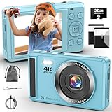 Digitalkamera 4K 64MP Digitalkamera mit 32G SD-Karte Autofokus Vlogging Kamera mit zwei 1200mAh Batterien für Fotografie 16X Digitalzoom Mini Kompaktkamera für Kinder Jugendliche Anfänger Erwachsene