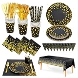186 Stück Schwarzes-gold Partygeschirr,Partyzubehör Pappteller Set,Wiederverwendbar ​Papier Geschirr Set einschließlich Tischdecke Teller Becher Servietten zum Geburtstag,Hochzeiten,Jubiläums 25 Gäste