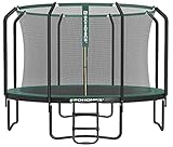 SONGMICS Trampolin Ø 366 cm, Gartentrampolin für Kinder mit Sicherheitsnetz, 180 cm hohe Stangen, Randabdeckung, Leiter, Stahlrahmen, schwarz-dunkelgrün STR123C01