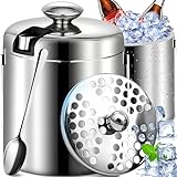Retoo Eiswürfelbehälter mit Deckel und Zange Doppelwandig Edelstahl Wein-kühler 1,3 Liter Eiseimer für Eiswürfel Eiskübel Sektkühler mit Henkel 20 x 14,5 cm Silber