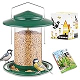 iBorn Vogelfutterspender,Metall Vogelhaus zum Aufhängen,Futterhaus für Vogel mit Futterschale,6 Futterlöcher,18 cm Wetterfest Dach,Ganzjährige Vogelfütterung,Wildvögel Futtersilo,Grün