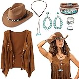 7 Stück Western Cowboy Kostüm für Damen, Cowgirl Outfits Zubehör Set mit Quastenweste Cowboyhut Boho-Halskette Ohrringen Ringen Armbändern für Karneval Fasching Halloween Cosplay