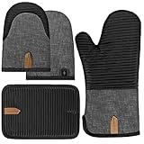 BONTHEE Ofenhandschuhe Topflappen Set Mini-Ofenhandschuhe Topfhandschuhe mit Anti-Rutsch Silikon Gestreift kochhandschuhe für Kochen Backen - 4er Set - Schwarz