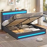 AOGLLATI Hydraulisch Stauraumbett 160×200cm, Polsterbett Doppelbett mit LED und USB-Ladefunktion, Funktionsbett Bettgestell mit Stauraum und Lattenrost, Linen,Ohne Matratze, Dunkelgrau