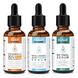 BIO Gesichtspflege Set mit Vitamin C Serum, Retinol Serum, Hyaluron Serum für das Gesicht, Glow-Booster, Aufhellendes,Dermaroller geeignet - Vegan Naturkosmetik für Gesicht/Augenpartie