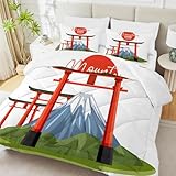 Vulkan Fuji Bettdecke 240x220 Japanisch Bettdecke Ohne Bezug 3D Druck, Rot 4 Jahreszeiten Bettdecke 220x240, Warm Steppdecke mit 2 Kissenbezug