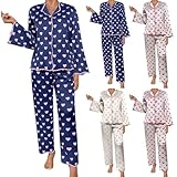 Schlafanzug Damen Lang Mit Knöpfenr, Pyjama-Set Mit Herzchenmuster Gemütliche Kuschelanzug Leichter Hausanzug Revers Top Mit Pyjamahose Lässig Locker Homewear 2-Teiliges Weich Freizeitanzug