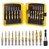 HSEAMALL 13 Stück Gewindebohrer Set,Kombi-Bohrer Gewindebohrer Bit Satz 6mm HSS M3-M10 Gewindeschneider-Set SAE 6-32NC bis 1/4-20NC Bohren Gewindeschneiden und Senken Eisen Aluminium Kupfer Metall