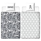 BERONAGE Fortnite Wende-Bettwäsche Grey 135 x 200 cm + 80 x 80 cm 100% Baumwolle Renforcé-Linon-Qualität Kinderbettwäsche Battle Royale Loot Lama Dance Lake Salty Tilted Skins 2 Motive Reißverschluss