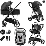 Lnhcrbs Kinderwagen 3 in 1,Kinderwagen Set ist ein mit einer Hand faltbarer Aluminiumrahmen, Bergsteiger Kinderwagen ist aus Leder, wasser- und schmutzabweisend, Für 0-4 Jahre, 22KG(Schwarz)