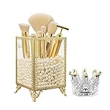 Tohoee Makeup Pinsel Organisator Glas Messing Vintage Kosmetischer Pinselhalter mit Perlen und Kronenhalter für Makeup Schwamm Halskette Ohrring Aufbewahrungskiste Vitrinen