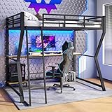 Merax Hochbett mit Schreibtisch 90x200 cm, Kinderbett Stockbett mit fernbedienbarem Ambientelicht, Steckdosen & USB, Metallbettgestell mit Lattenrost(ohne Matratze) für Kinder/Erwachsene (Schwarz)