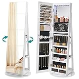 SONGMICS Schmuckschrank, Spiegelschrank, mit rahmenlosem Ganzkörperspiegel, 3 Ablagen, 360° drehbar, abschließbar, Weihnachten, Weiß-Schwarz JJC007W01