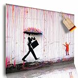 Lineo® Poster Kind im Regen Banksy Kunstdruck Wall-Art 60 x 42 cm Art Modern Bild Street Art Graffiti Wandposter Loft Wohnzimmer (Colored Rain)