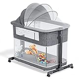 Aomdom Beistellbett Baby Babybetten, 3 in1 Tragbar Babybett mit atmungsaktivem Netz und Laken,Höhenverstellung für Zuhause und Unterwegs für 0-6 Monate Hellgrau Tragfähigkeit bis 15 kg