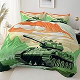 Hellblau Mädchen Bettwäsche 135 x 200 cm, Einfache Orientalische Tuschemalerei Tank Thema Weich Mikrofaser Kinder Bettbezug mit 2 Kissenbezug - Farbecht Wende Junge Bettwäsche Set mit Reißverschluss