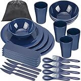 Tioncy 29-teiliges Camping-Besteck-Set, 4-teilig, Campinggeschirr-Set, unzerbrechliche Teller, Tassen, Schüsseln, Tassen, Messer, Löffel, Gabeln, Utensilien mit schwarzer Tasche für Reisen, Picknick,