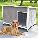 zooprinz Exklusive Hundehütte Jacky – aus wetterfestem & massivem Holz mit Metallrahmen, Dach zum Öffnen, Lamellentür & Kunststofffüßen – Hundehütte für Indoor und Outdoor (Hellgrau, XL)