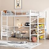 Etagenbett 140x200 mit Kleiderschrank, Schreibtisch und Treppe, Kinderbett Hochbett mit Rausfallschutz & Lattenrost, Metallbett Doppelbett Funktionsbett Stockbett Jugendhochbett, Ohne Matratze, Weiß