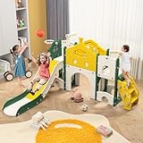 7 in 1 Kinderrutsche, Spielplatz mit Kletterleiter, Teleskop, Tunnel, Basketballkorb, Stauraum, Spielset für drinnen und draußen (Gelb und Grün, 7 in 1-A)