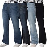 BRAND KRUZE für Herren Schlag Jeans aus 100% Baumwolle mit ausgestelltem weitem Bein, Gürtel, Reißverschluss 32W / 30L Schwarz