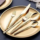 Geschirrset Besteckset für 12 Personen Bambusimitat Besteck Gold 60-Teiliges Geschirr Edelstahl Cutlery Set Besteck mit Messern/Gabeln/Löffeln Spiegelpoliert, Spülmaschinenfest Hochzeitsbankett