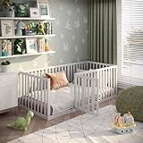 CADANI Teso Kinderbett 90x200 cm Montessori Bodenbett mit Tür & Rausfallschutz, 6 Aufbauvarianten, Massivholz Kiefer weiß, als Laufstall nutzbar, inkl. Lattenrost