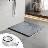 Heilmetz Duschwanne mit Siphon 90x90cm Flach Duschtasse Höhe 2.6 cm SMC Brausewanne Steinoptik Antirutsch Duschtasse mit Ø 90mm Ablaufgarnitur -Grau