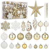 130 Stück Weihnachtskugeln Gold Set, Weihnachtsbaumkugeln Plastik für Weihnachten,Feste, Christbaumkugeln Kunststoff,Weihnachtsornament Aus Kunststoff,Christbaumkugeln Set mit Hängeschleife（Gold&Weiß）