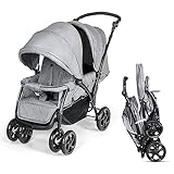 LIFEZEAL Faltbarer Doppelkinderwagen für Zwillinge, Kinderwagen 2-Sitzer mit verstellbarer Rückenlehne, Mobiler Geschwisterwagen mit Bremsen, Belastung 15 + 15 kg (Grau)