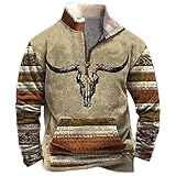 Generisch Herren Western Fleecejacke Cowboy Bull Head Print Pullover 1/4 Reißverschluss Stehkragen Pulli Langarm Country Oversized Sweatshirts Y2k Vintage Oberteile Thermo Herbet Winterjacke