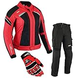 BOSmoto DAMEN MOTORRADKOMBI JACKE + HOSE + HANDSCHUHEN - BIKE MOTORRAD ROCKER TOURING in verschiedenen farben (L, Rot)