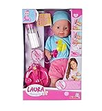 Simba 105010964 - Laura Hungry, Weichkörperpuppe mit Schnuller, magischem Löffel, Trinkfläschchen mit verschwindendem Inhalt und Tellerchen, 38cm, Babypuppe ab 2 Jahren