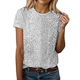 Generisch Glitzer Oberteile Damen Silvester Outfit Pailletten Oberteil Druck Bluse Modisches Pullover Glitzer Print Oberteile Rundhals Tunika Tops Kurzarm Shirt Farbverlauf Pulli