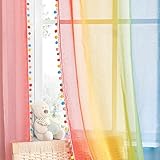 NICETOWN Kinderzimmer Vorhänge mit Bunten Pompons Voile Curtains 2er Set H 245 x B 140 cm Regenbogen Farbverlauf Transparent Leinenoptik Gardinen mit Ösen Dekoration